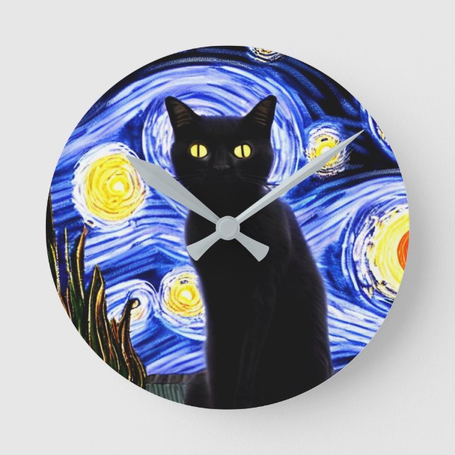 Starry Catty Night Round Clock (Front)