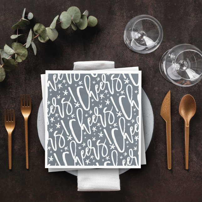 Starry Cheers Brush Script Pattern Modern New Year Napkin (Starry Cheers Brush Script Pattern Modern New Year Paper Napkins @ fat_fa_tin)