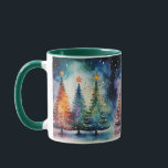 Starry Christmas Night Ceramic Mug<br><div class="desc">Embrace the magic of a winter night with this beautiful ceramic mug, featuring a stunning scene inspired by the Antarctic sky. The background displays a dark, starry night with shades of black and green, dotted with sparkling stars. Soft white clouds drift over festive Christmas trees decorated in matching sky colours,...</div>