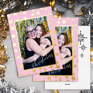 Starry Christmas Photo. Pink. Foil Holiday Card