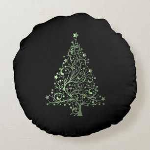 Starry Christmas Tree Black Green Elegant Round Cushion