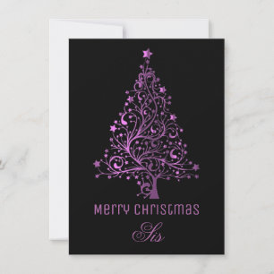 Starry Christmas Tree Black Pink Metallic Look Holiday Card