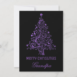 Starry Christmas Tree Black Purple Metallic Look Holiday Card
