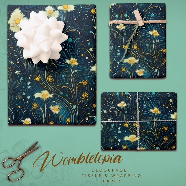Starry Garden Blooms  Blue, Gold Floral Decoupage Wrapping Paper Sheet (Creator Uploaded)