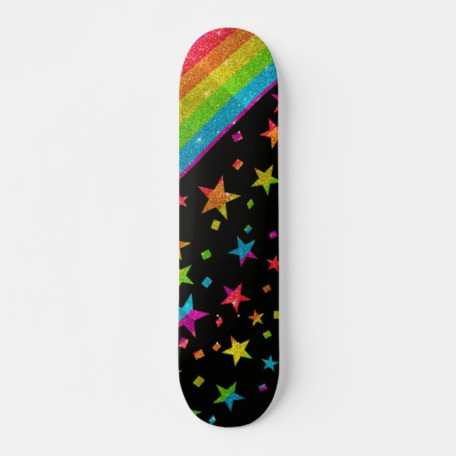 Starry Gay Pride Flag Sparkly Rainbow Glitter Skateboard (Front)