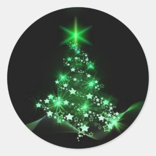 Starry Green Christmas Tree Round Sticker