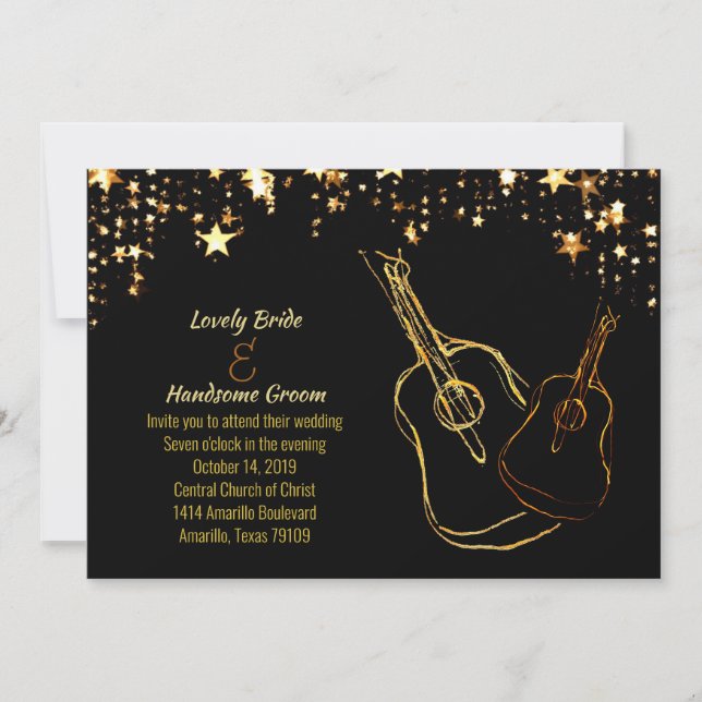 Starry Guitars Gold Black Music Wedding Invitation (Front)