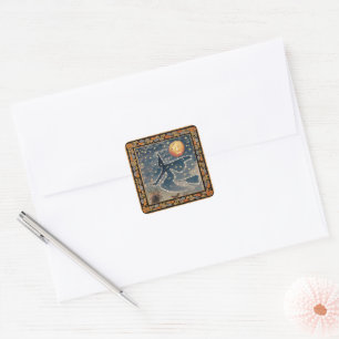 Starry Halloween Night with Fall Border Square Sticker