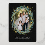 Starry Laurel | Hanukkah Photo Foil Holiday Card<br><div class="desc">Send Hanukkah greetings to friends and family in chic style with our elegant photo cards. Your favourite vertical or portrait orientated image is framed by an oval laurel wreath of green watercolor eucalyptus leaves on a rich black background accented with gold foil stars. Personalise with your custom holiday greeting and...</div>