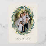 Starry Laurel | Hanukkah Photo Foil Holiday Card<br><div class="desc">Send Hanukkah greetings to friends and family in chic style with our elegant photo cards. Your favourite vertical or portrait orientated image is framed by an oval laurel wreath of green watercolor eucalyptus leaves on a warm ivory background accented with gold foil stars. Personalise with your custom holiday greeting and...</div>