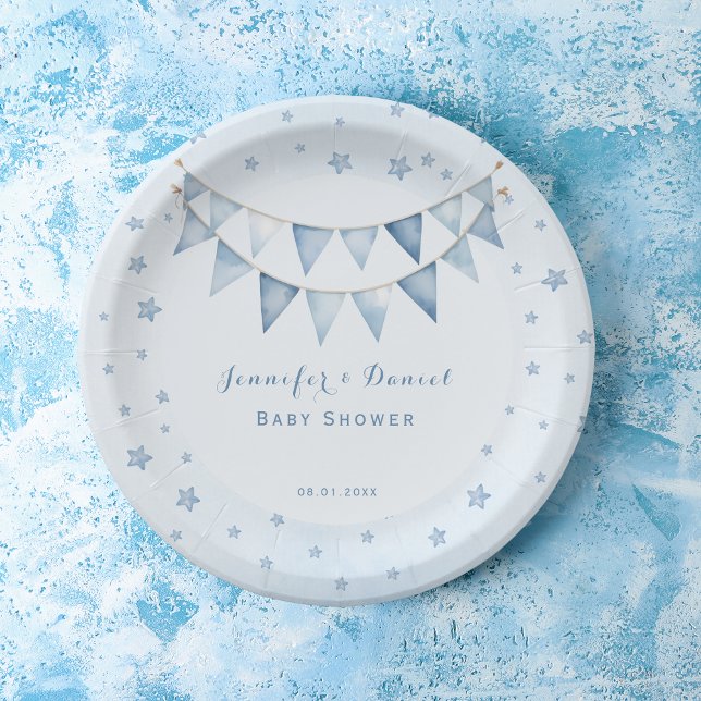 Starry Light Blue Cute Baby Shower Garland Paper Plate (Creator Uploaded)