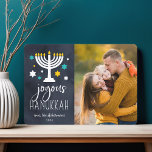 Starry Lights | Hanukkah Photo Card<br><div class="desc">Festive Hanukkah photo card features your favourite photo aligned at the right,  with "joyous Hanukkah" in white lettering on a rich navy blue background adorned with stars and a lit menorah. Personalise with your names and the year.</div>