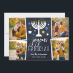 Starry Lights | Hanukkah Photo Collage Card<br><div class="desc">Festive Hanukkah photo card features four photos in a collage layout,  with "joyous Hanukkah" in white lettering on a navy blue background accented with a lit menorah and white,  blue and gold stars. Personalise with your names beneath,  and add an additional photo to the back.</div>
