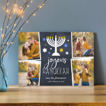 Starry Lights | Hanukkah Photo Collage Card<br><div class="desc">Festive Hanukkah photo card features four photos in a collage layout,  with "joyous Hanukkah" in white lettering on a navy blue background accented with a lit menorah and white,  blue and gold stars. Personalise with your names beneath,  and add an additional photo to the back.</div>