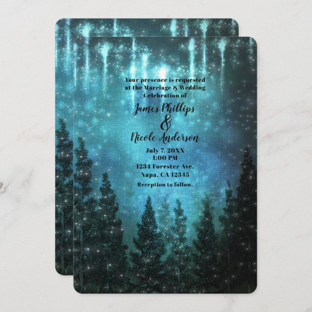 Starry Lights Rustic Pine Trees Country Wedding Invitation (Front/Back)