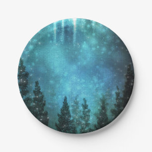 Starry Lights Rustic Pine Trees Country Wedding Paper Plate