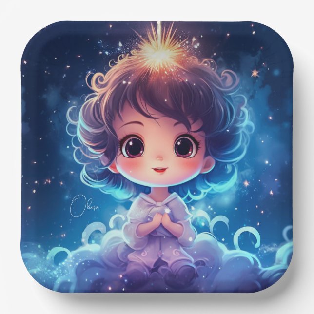 Starry Little Princess Nighttime Girly Personalise Paper Plate (Front)