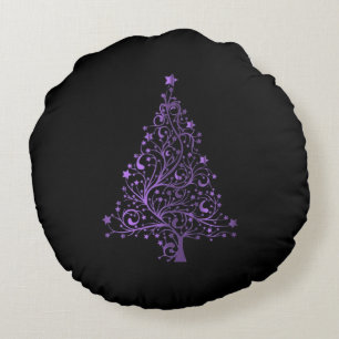 Starry Merry Christmas Tree Black Purple Elegant Round Cushion
