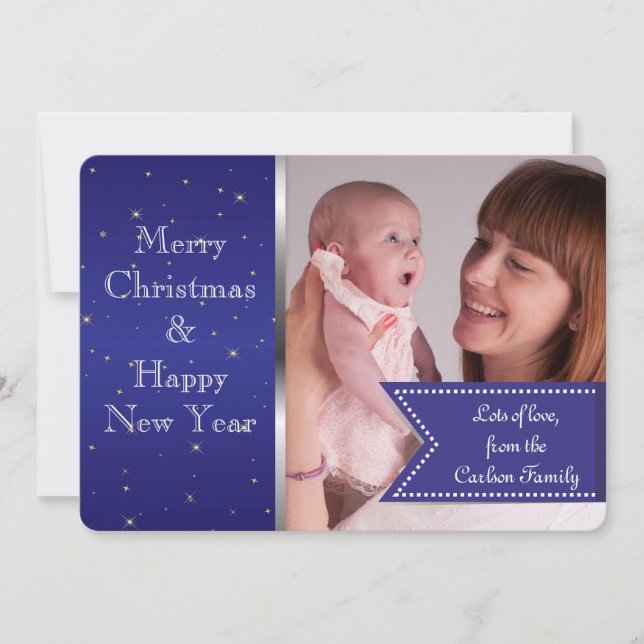 Starry Midnight Blue Elegant Custom Photo Holiday Card (Front)