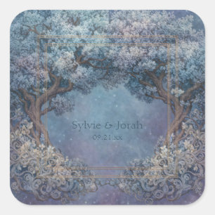Starry Nebula Night Gnarled Tree Frame Wedding Square Sticker