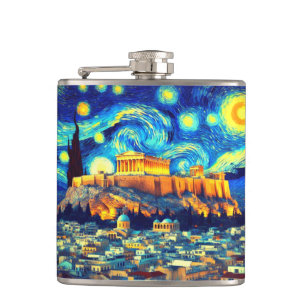 Starry Night Acropolis Athens Greece Hip Flask