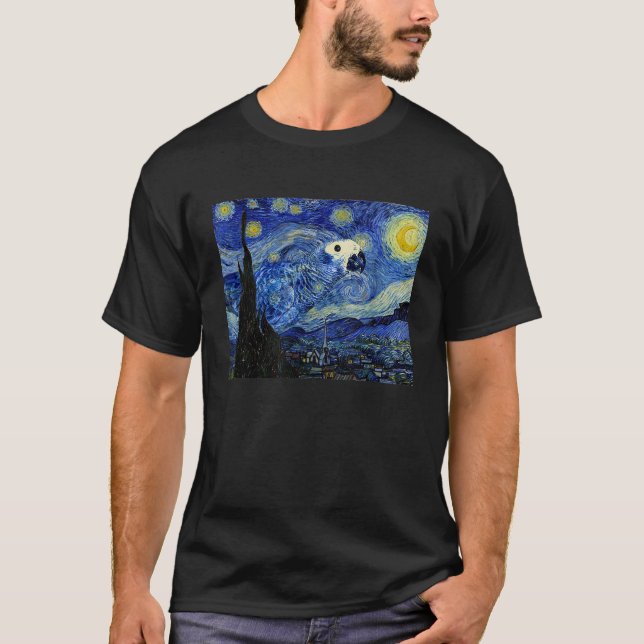 Starry Night African Grey Parrot Van Gogh Art Birb T-Shirt (Front)