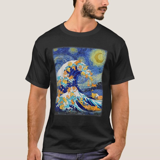 Starry Night and Great Wave Cat Cat Lover Cat Mum  T-Shirt (Front)
