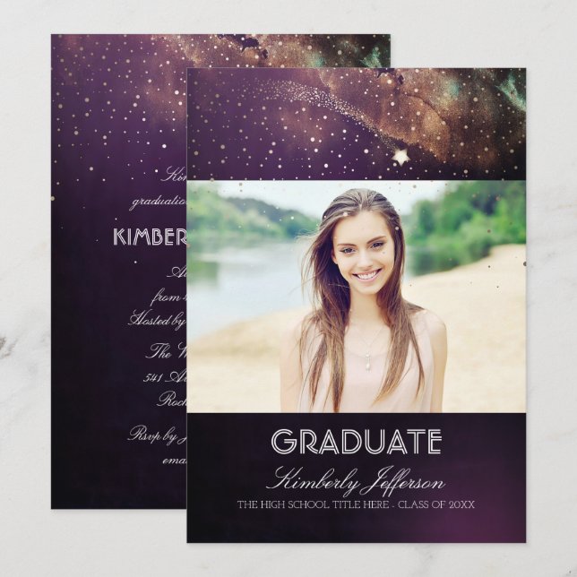 Starry Night and Shooting Star Photo Graduation Invitation (Front/Back)