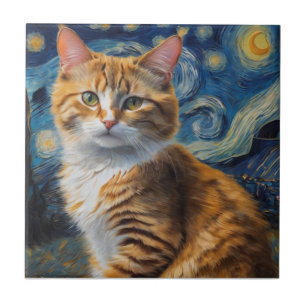 Starry Night Art With a Cat Ceramic Tile
