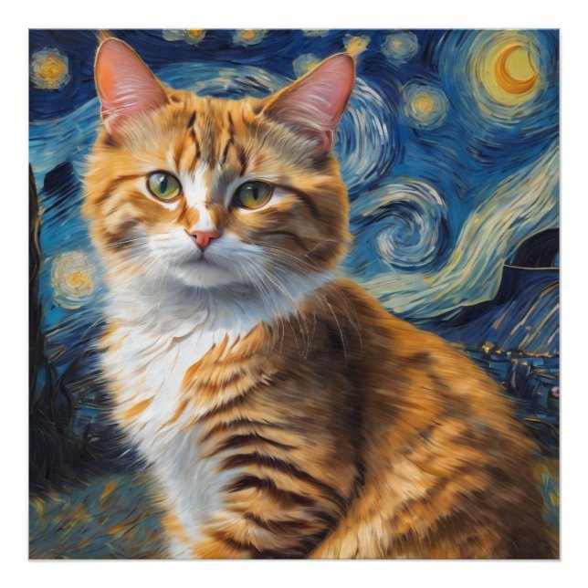 Starry Night Art With a Cat Photo Print (Front)
