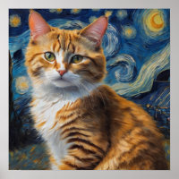 Starry Night Art With a Cat
