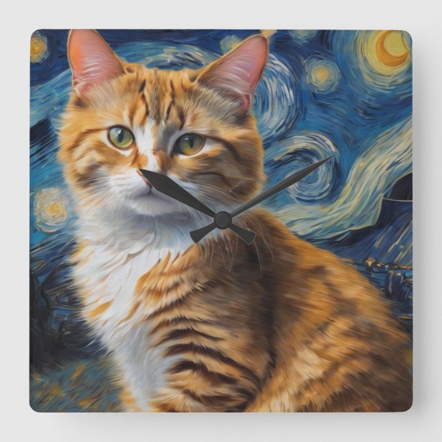 Starry Night Art With a Cat Square Wall Clock (Front)
