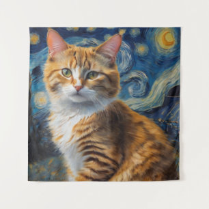 Starry Night Art With a Cat Tapestry