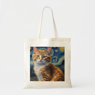 Starry Night Art With a Cat Tote Bag