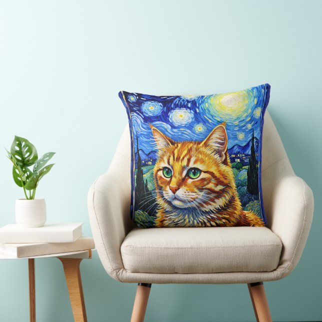 Starry Night Background, Van Gogh Cat Cushion (Chair)