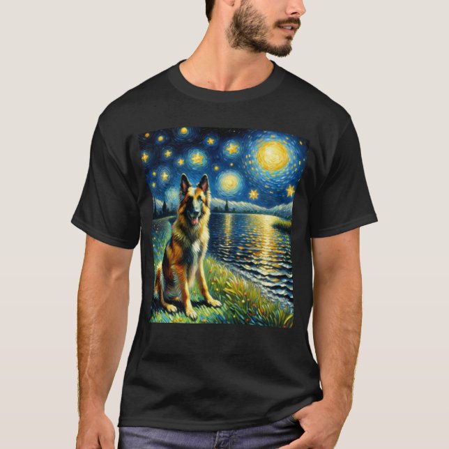Starry Night Belgian Shepherd Dog Van Gogh Lover T-Shirt (Front)