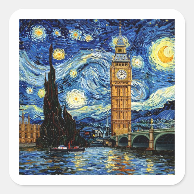 Starry Night Big Ben London England Square Sticker (Front)