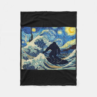 Starry Night Bigfoot Surfing Great Wave Off Kanaga Fleece Blanket