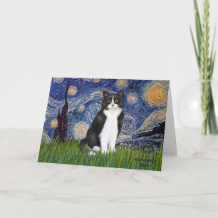 Starry Night - Black and White Cat Card