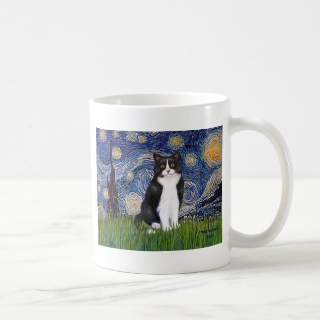 Starry Night - Black and White Cat Coffee Mug (Right)