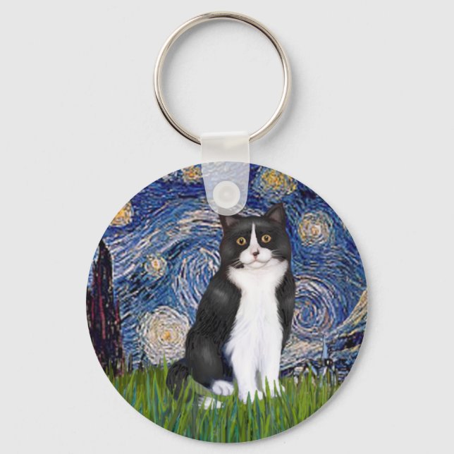 Starry Night - Black and White Cat Key Ring (Front)