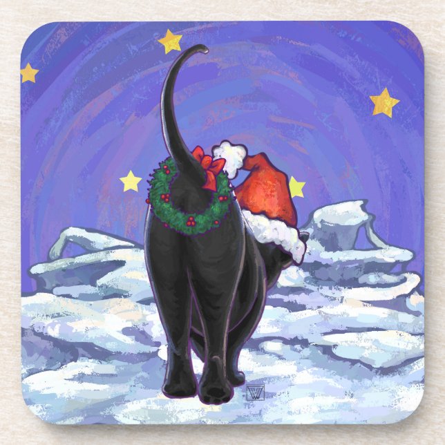 Starry Night Black Cat Christmas Coaster (Front)