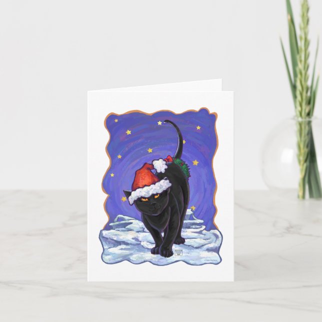 Starry Night Black Cat Christmas Holiday Card (Front)