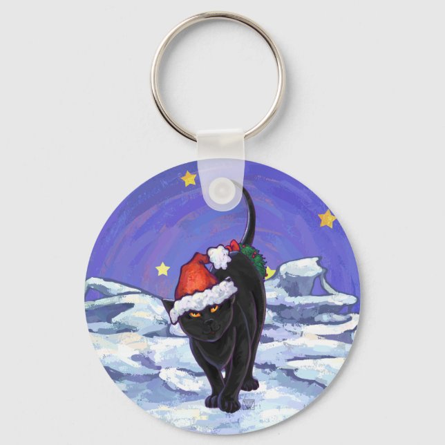 Starry Night Black Cat Christmas Key Ring (Front)