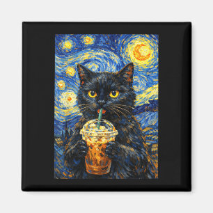 Starry night black cat coffee van gogh style funny magnet