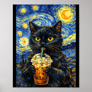 Starry night black cat coffee van gogh style funny poster