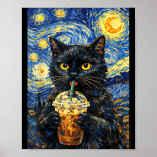 Starry Night Black Cat Coffee Van Gogh Style Funny Poster