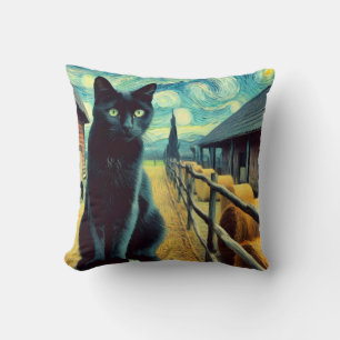 Starry Night Black Cat Green Eyes Cushion