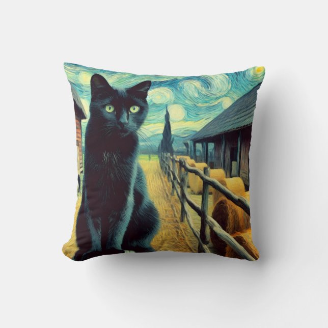 Starry Night Black Cat Green Eyes Cushion (Front)