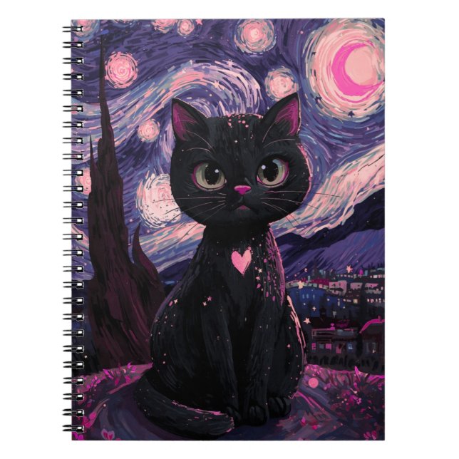 Starry Night Black Cat Notebook | Dreamy Celestial (Front)